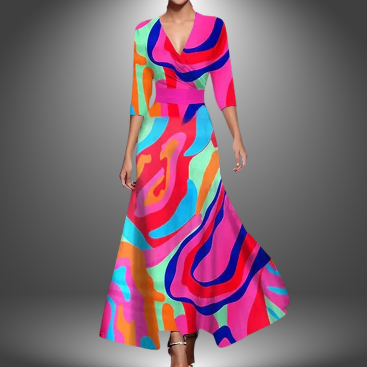 Zora - Boho Maxi Dress with V-Neck and Short Sleeves that Flatters