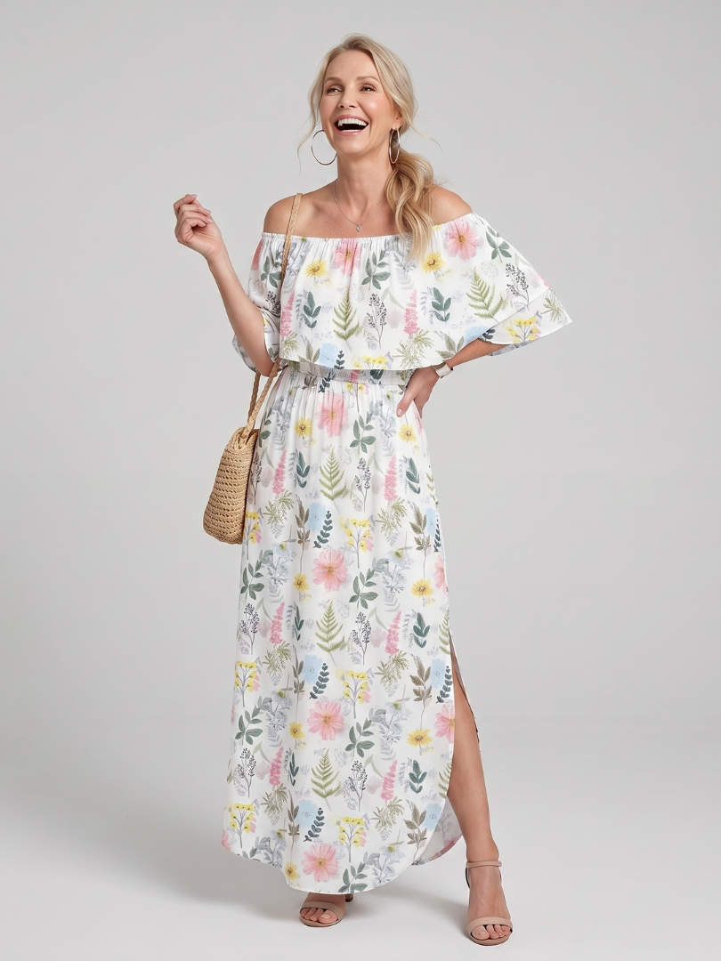 Elowira | Off Shoulder Soft Floral Print Midi Dress